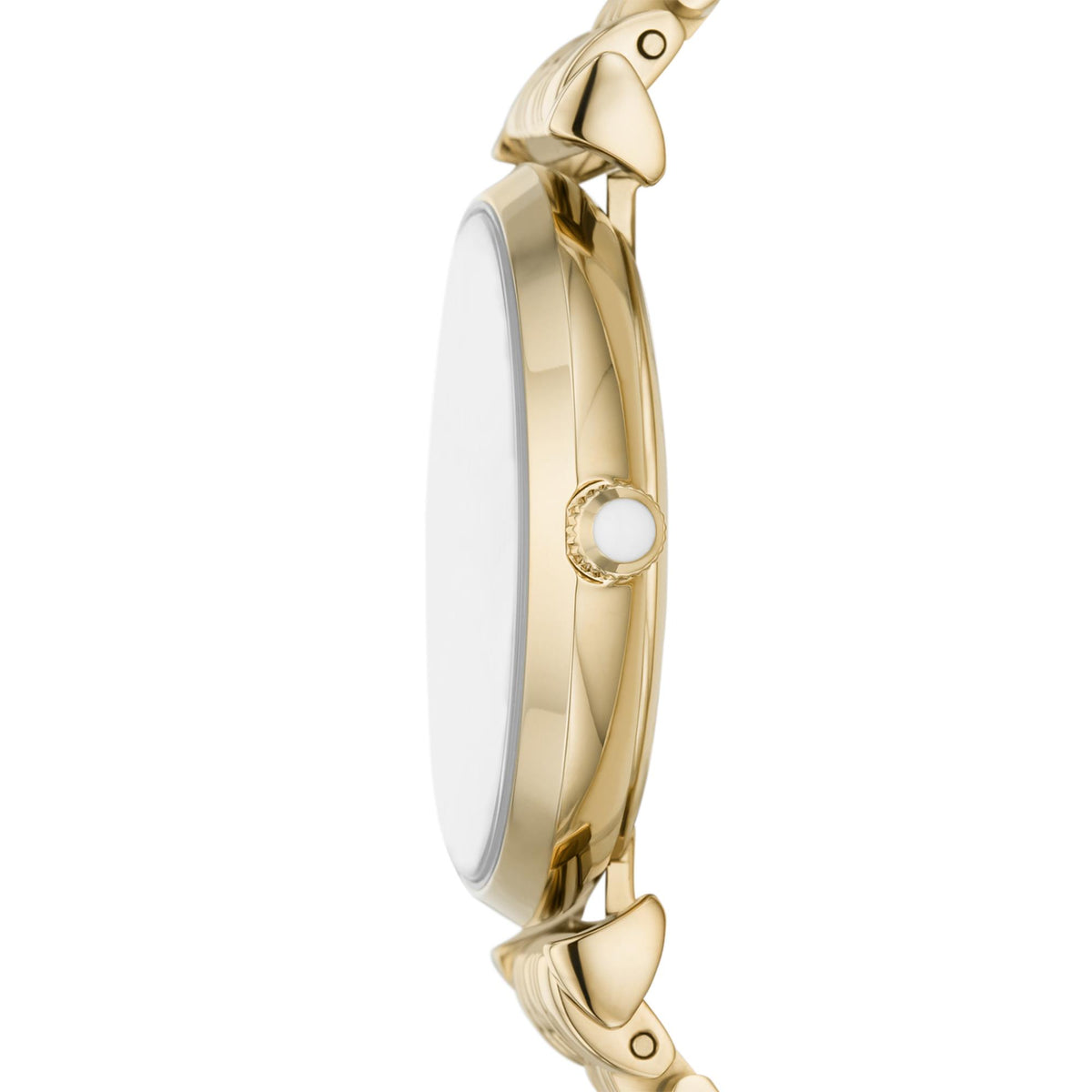 Emporio Armani ladies quartz watch side profile, gold-tone case with crown