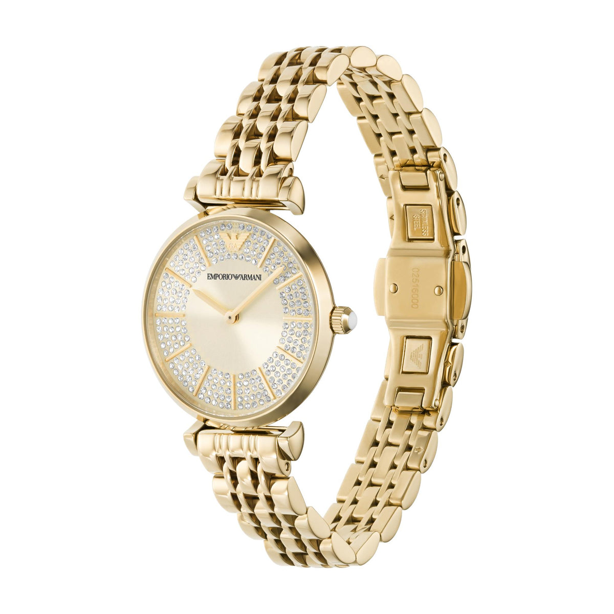 Emporio Armani ladies quartz watch with cream dial, gold-tone link bracelet and clasp