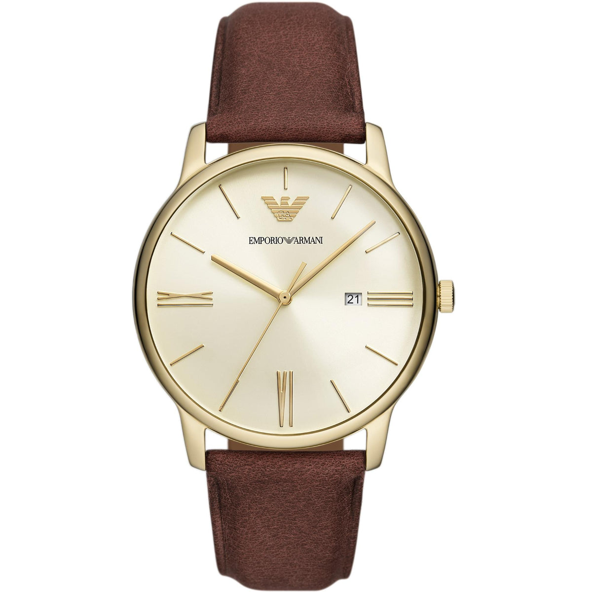 Emporio Armani Minimalist AR11610 front view showing champagne dial with gold-tone case and leather strap