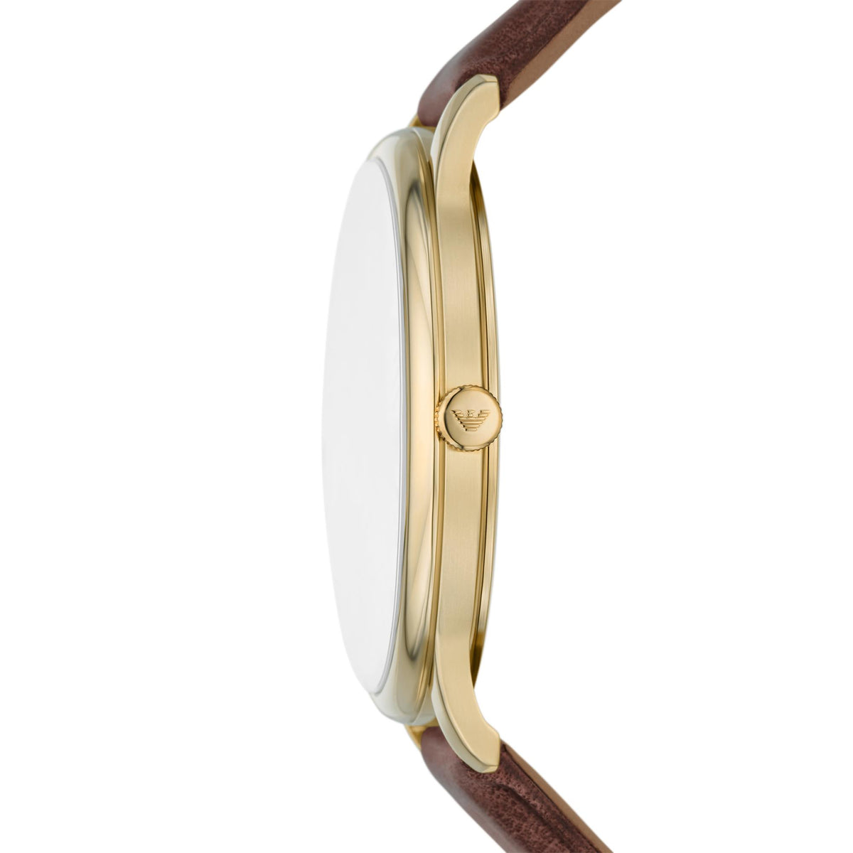 Emporio Armani Minimalist AR11610 side profile view displaying thin case and winding crown