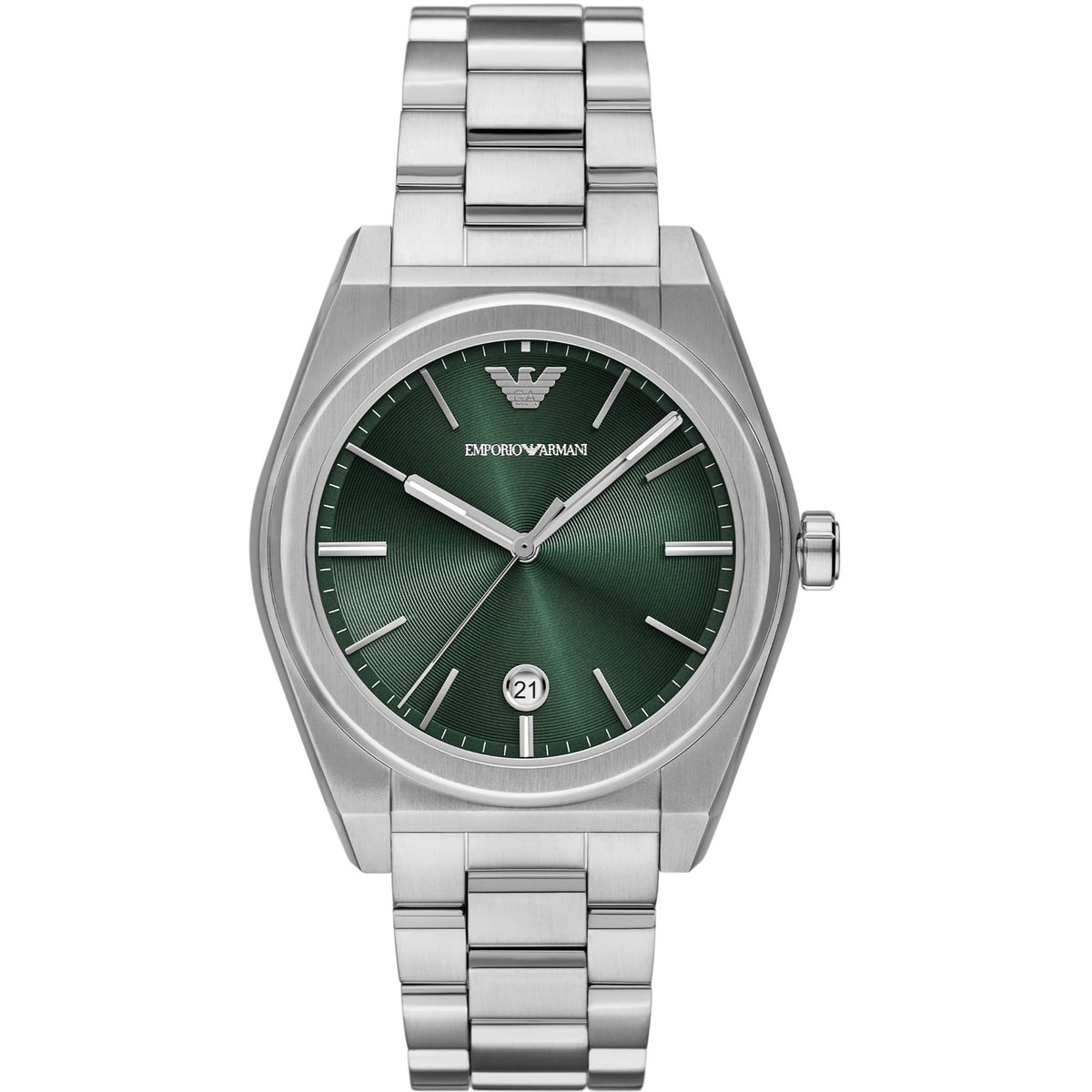 Emporio Armani men's steel quartz watch with green dial, bracelet and date window