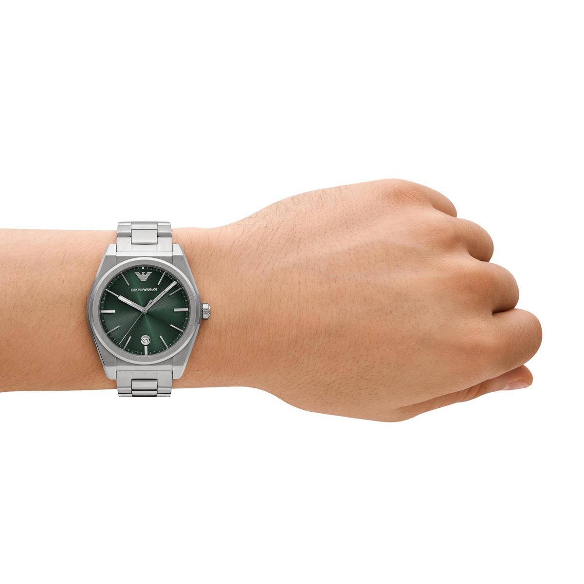 Emporio Armani men's steel quartz watch on wrist, green dial