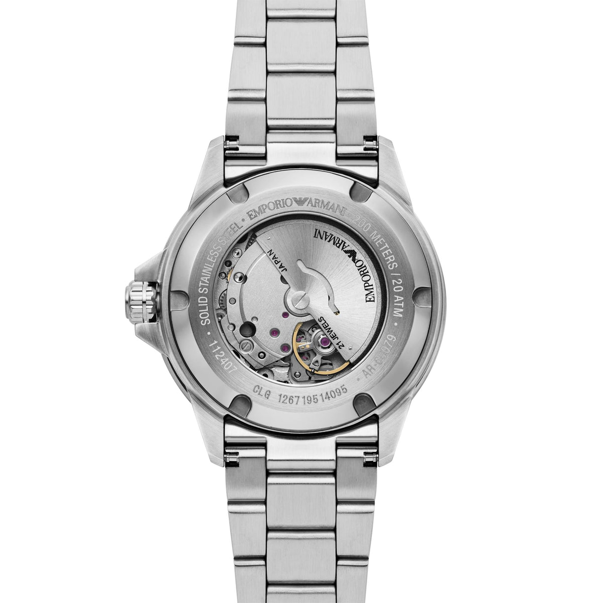 Silver Emporio Armani watch with visible brand name on a white background