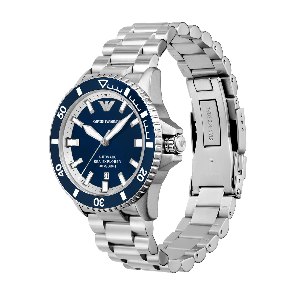 Silver watch with blue dial on a white background