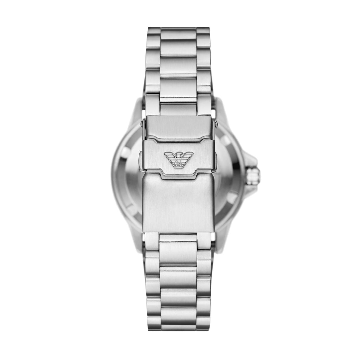 Stainless steel watch back view with crown and link bracelet, no visible dial