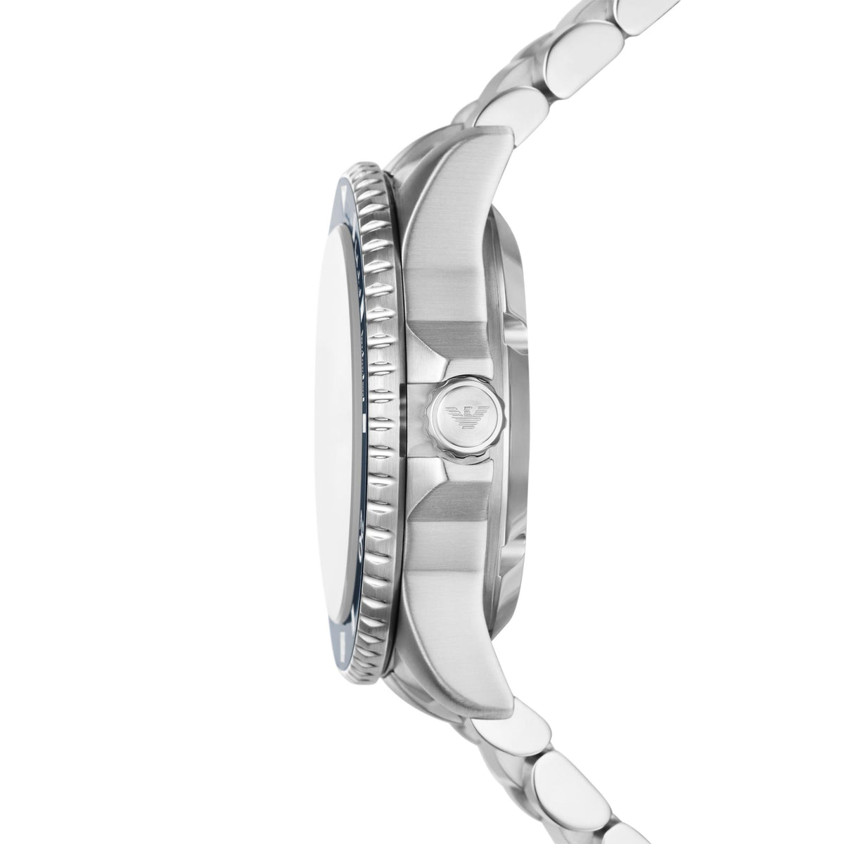 Stainless steel watch side profile with ridged bezel and visible crown on case