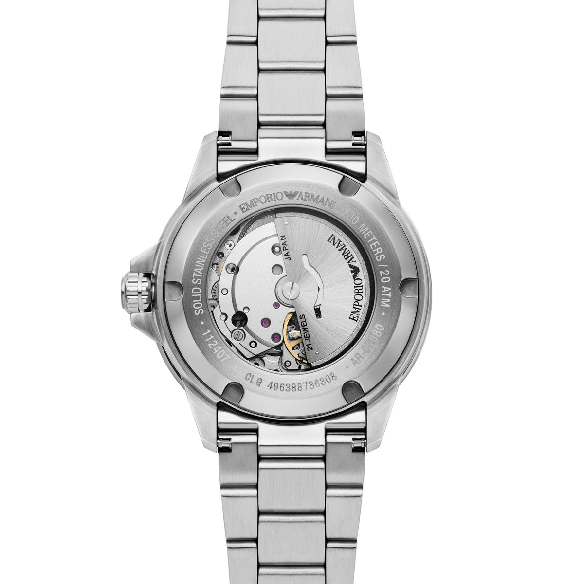 Stainless steel watch case back with engraved movement details and four screws
