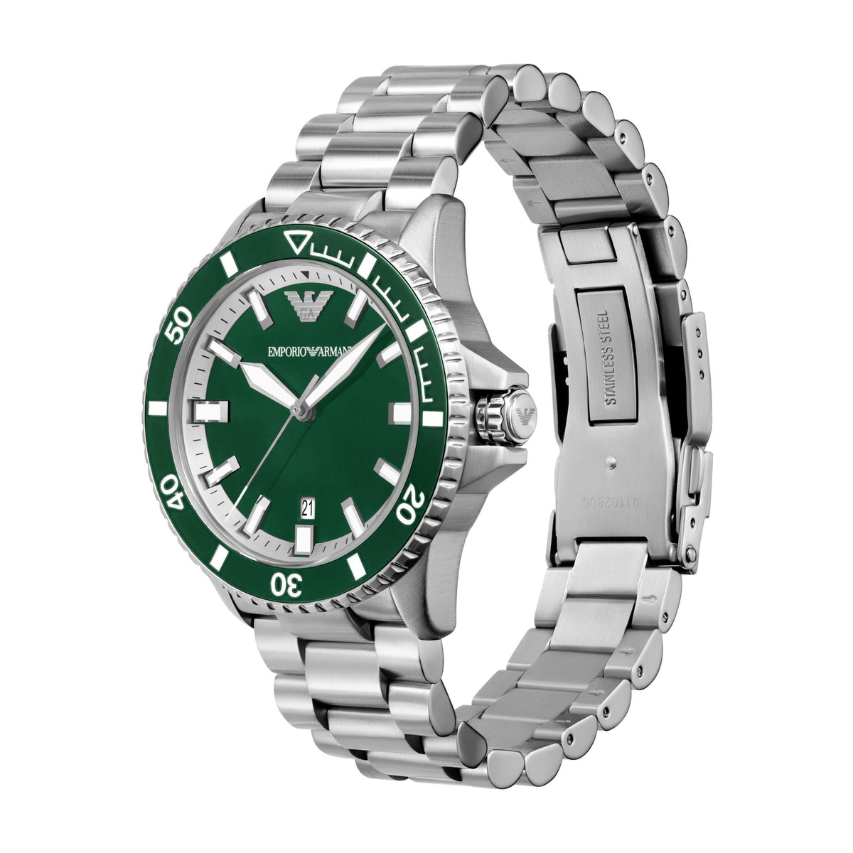 Stainless steel diver watch with green dial, rotating bezel, and linked bracelet