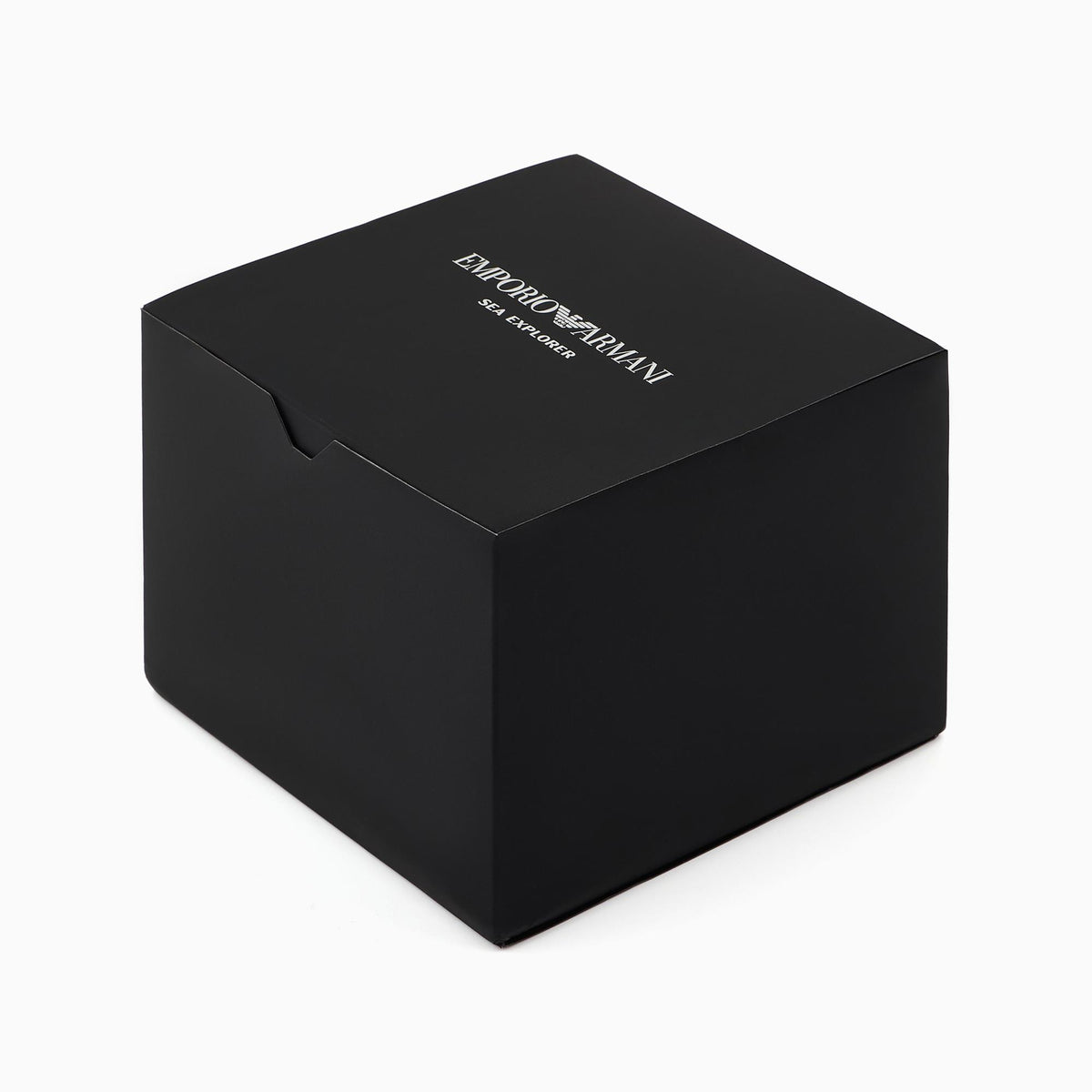 Black watch presentation box with white Emporio Armani Sea Explorer logo