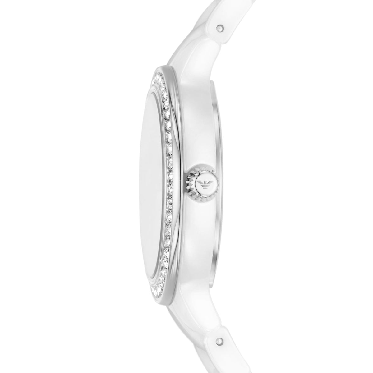 White ceramic ladies quartz watch case with jeweled bezel detail on the side