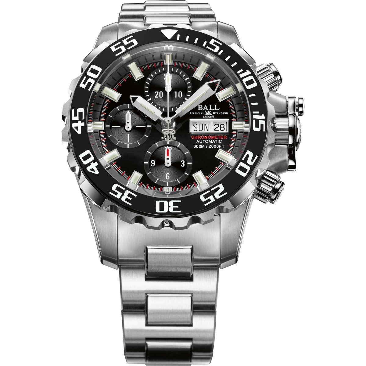 Men's silver diver watch with black dial, chronograph subdials, and metal link bracelet