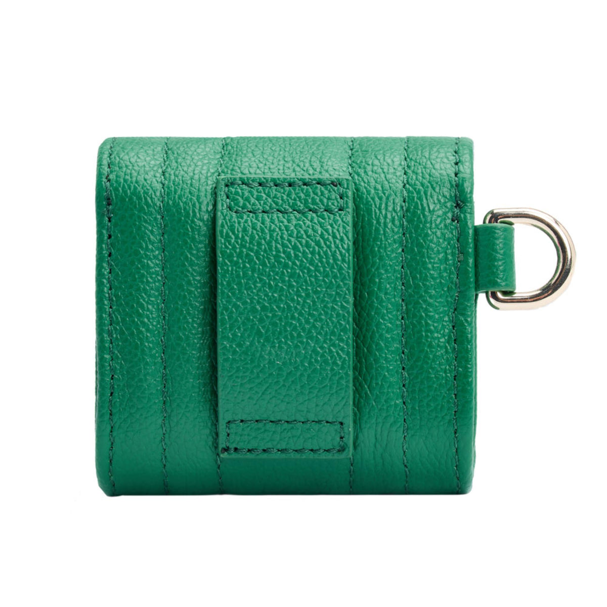 Green leather earbud case with wristlet, back view with stitched panel.