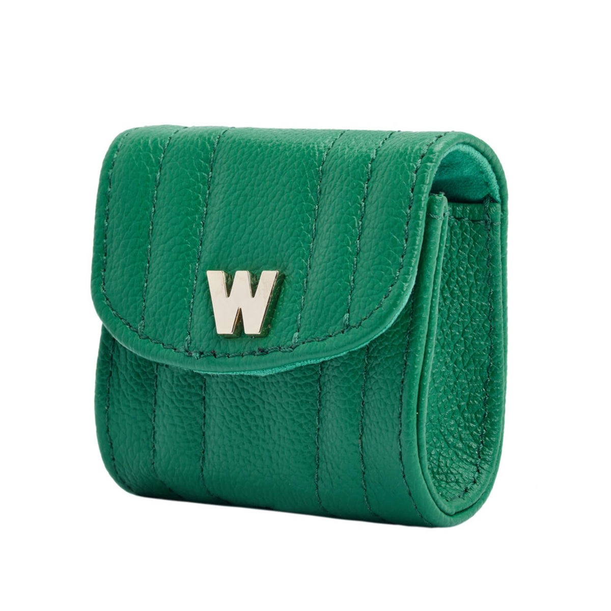 Green leather earbud case with snap flap and gold W logo, side view.