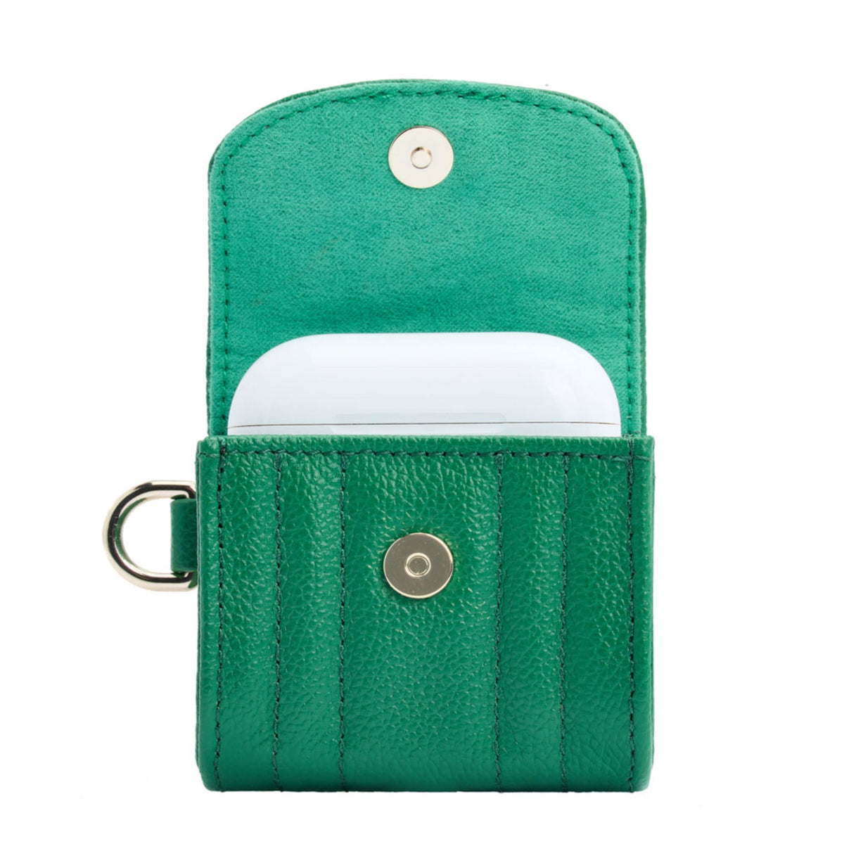 Green leather earbud case with wristlet, open top and snap closure.