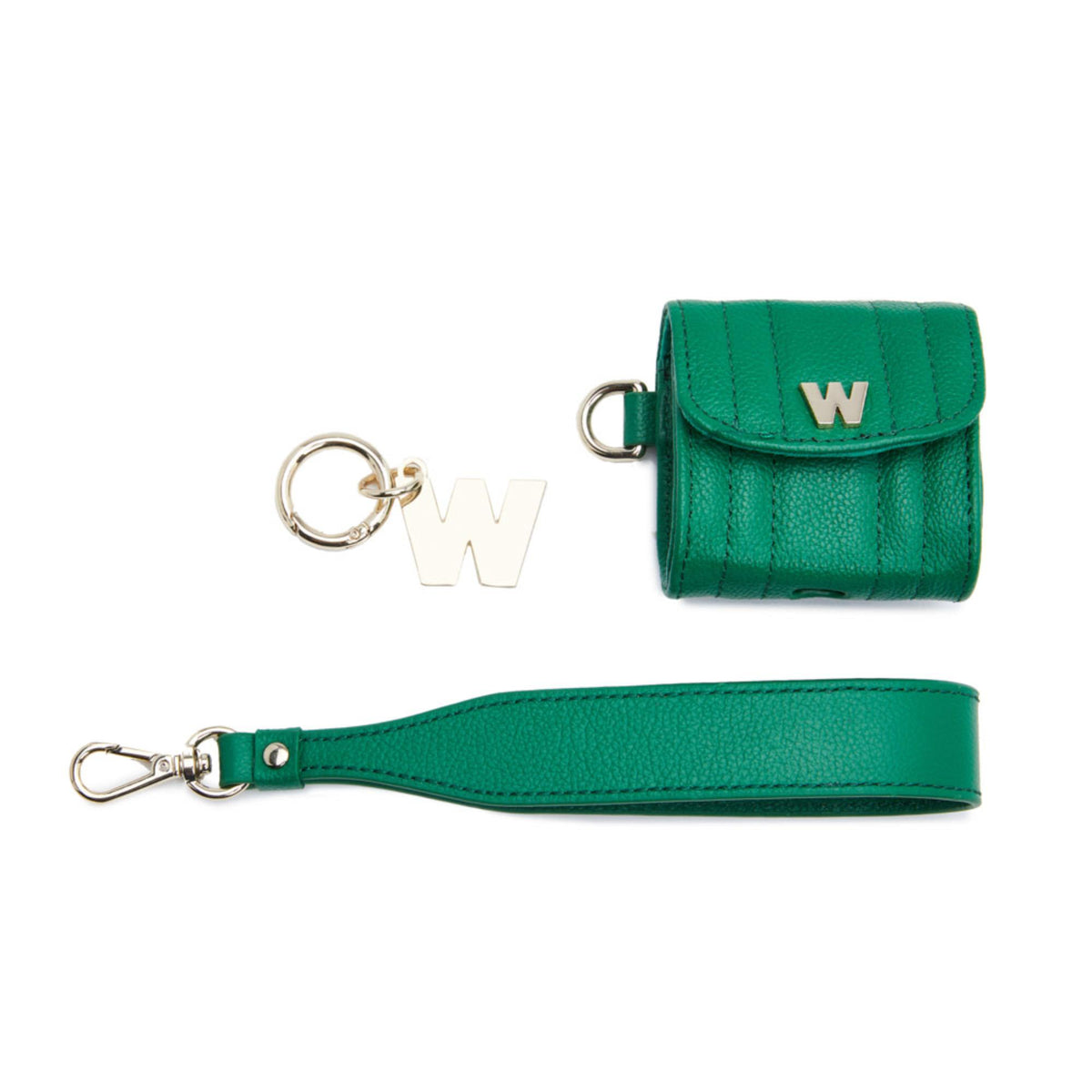 Green leather earbud case with wristlet strap and W logo, accessory set view.