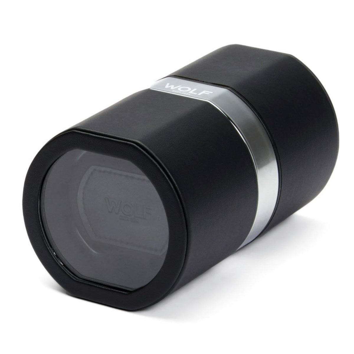 Single watch winder cylinder with WOLF logo and clear viewing window, black exterior