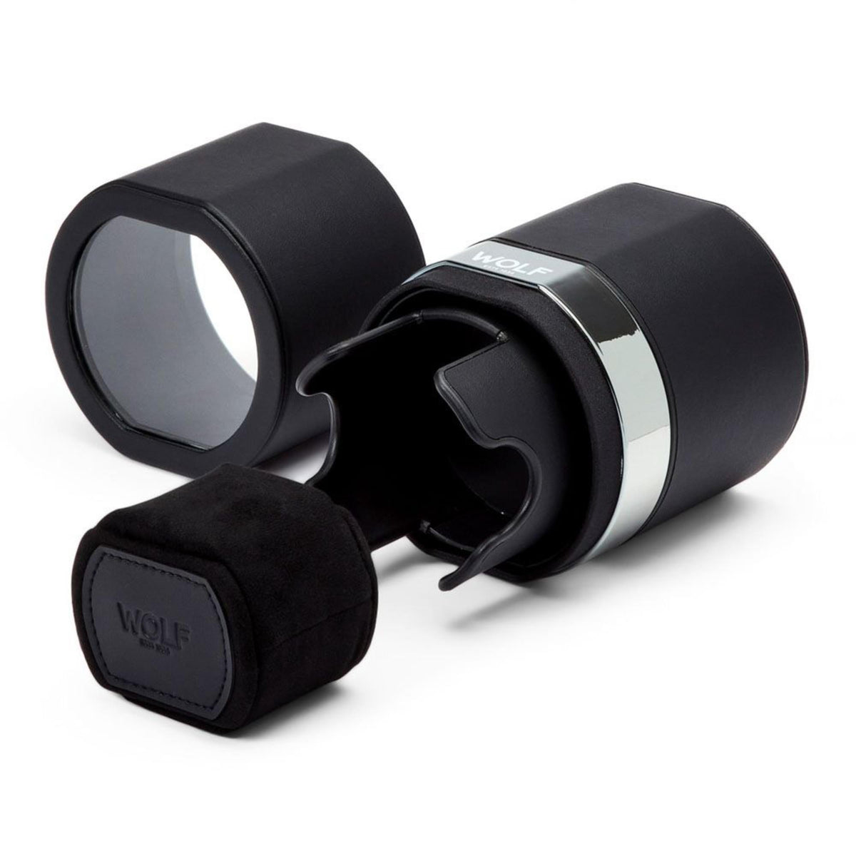 Single watch winder with open cradle and WOLF logo ring, plus black watch pouch