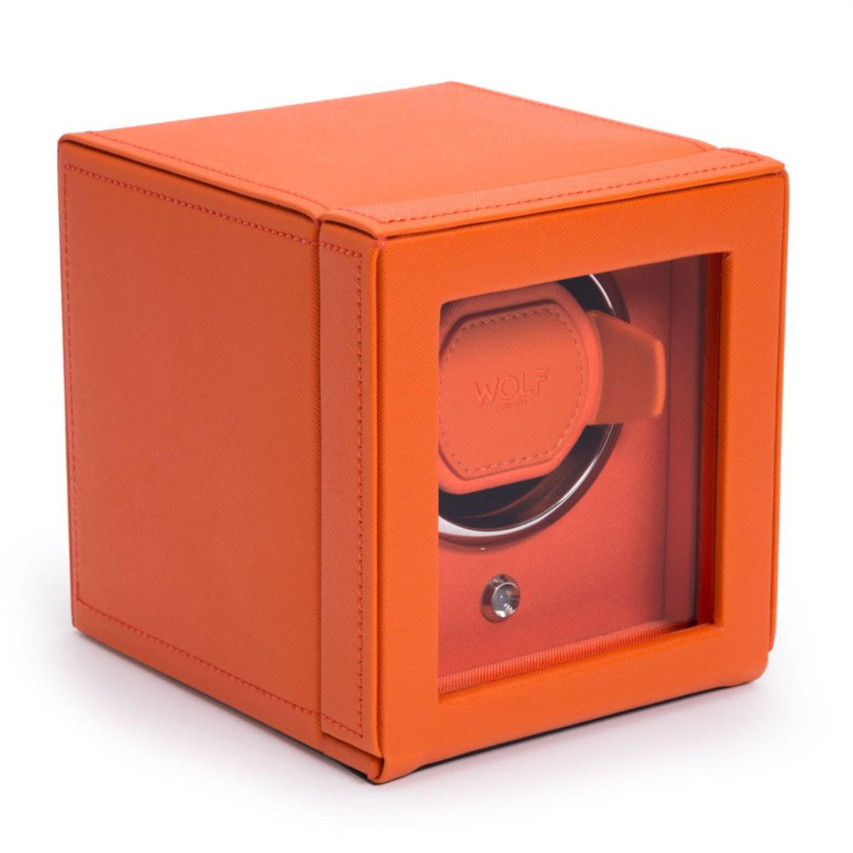 Orange watch winder with cover and display window, single watch rotor inside