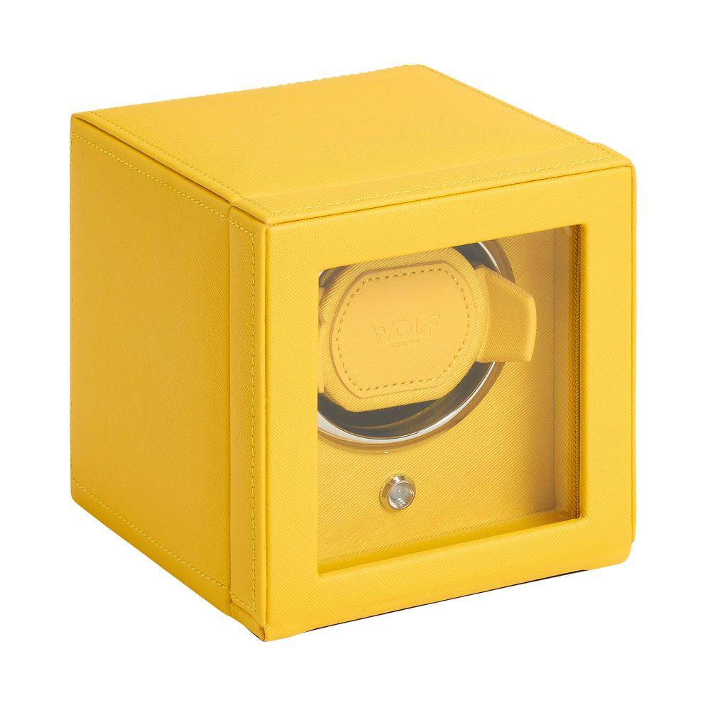Vibrant yellow single watch winder with glass window and hinged cover, WOLF cushion