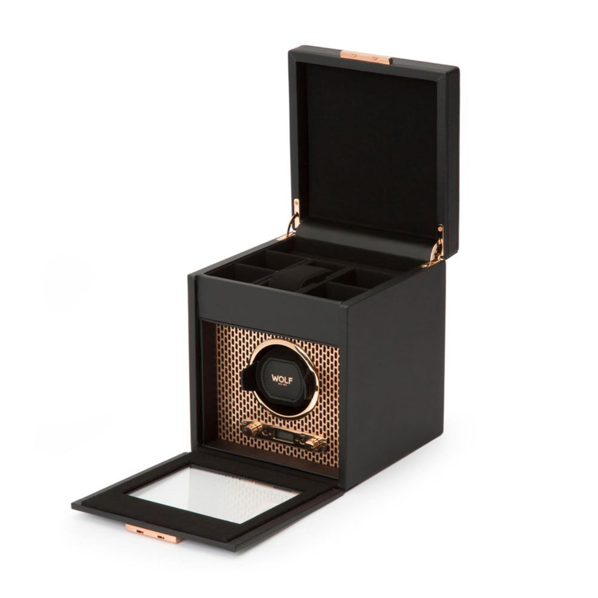 Black single watch winder with open lid and padded watch compartment; copper details.