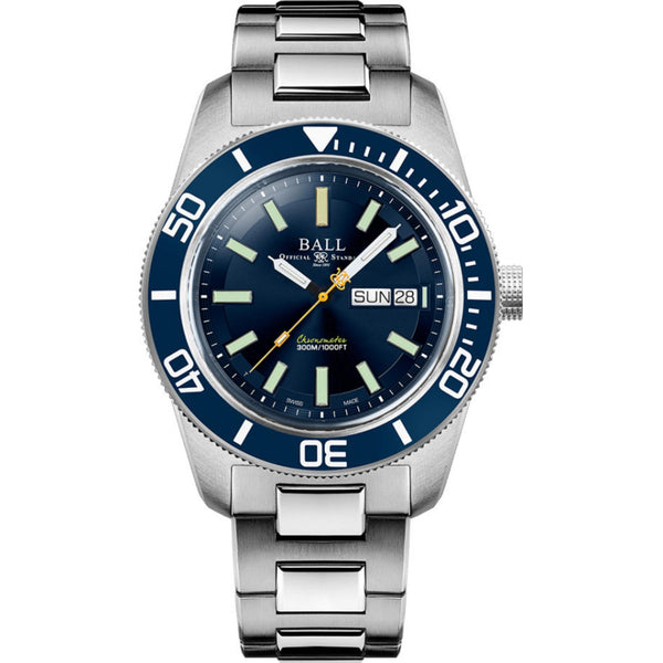 Stainless steel diver watch with blue dial, rotating bezel, and day/date window