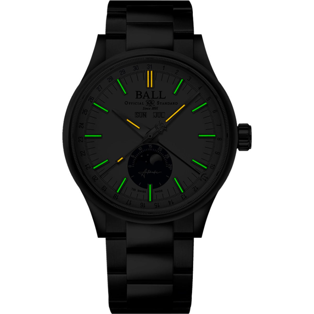 Stainless steel men’s watch with black dial, neon green hour markers, metal bracelet