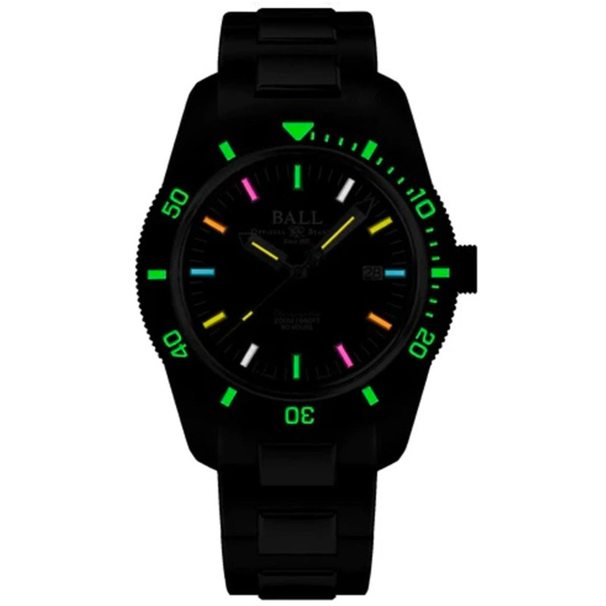 Men’s diver watch, black dial with multicolor luminous markers, black strap
