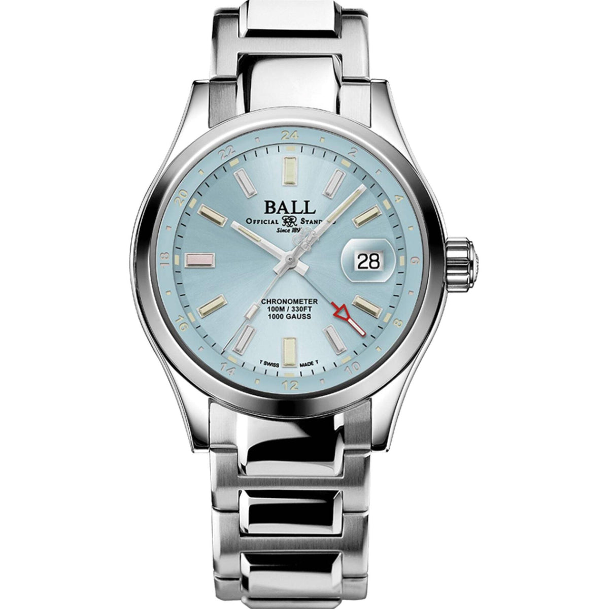 Men's stainless steel watch with light blue dial, luminous markers, and date window