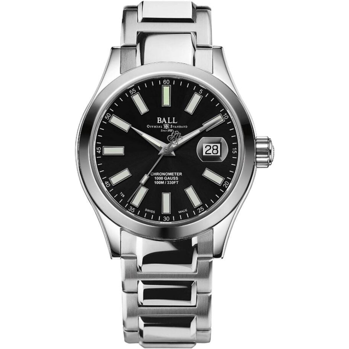 Men's stainless steel chronometer watch, black dial with lumed markers and date window