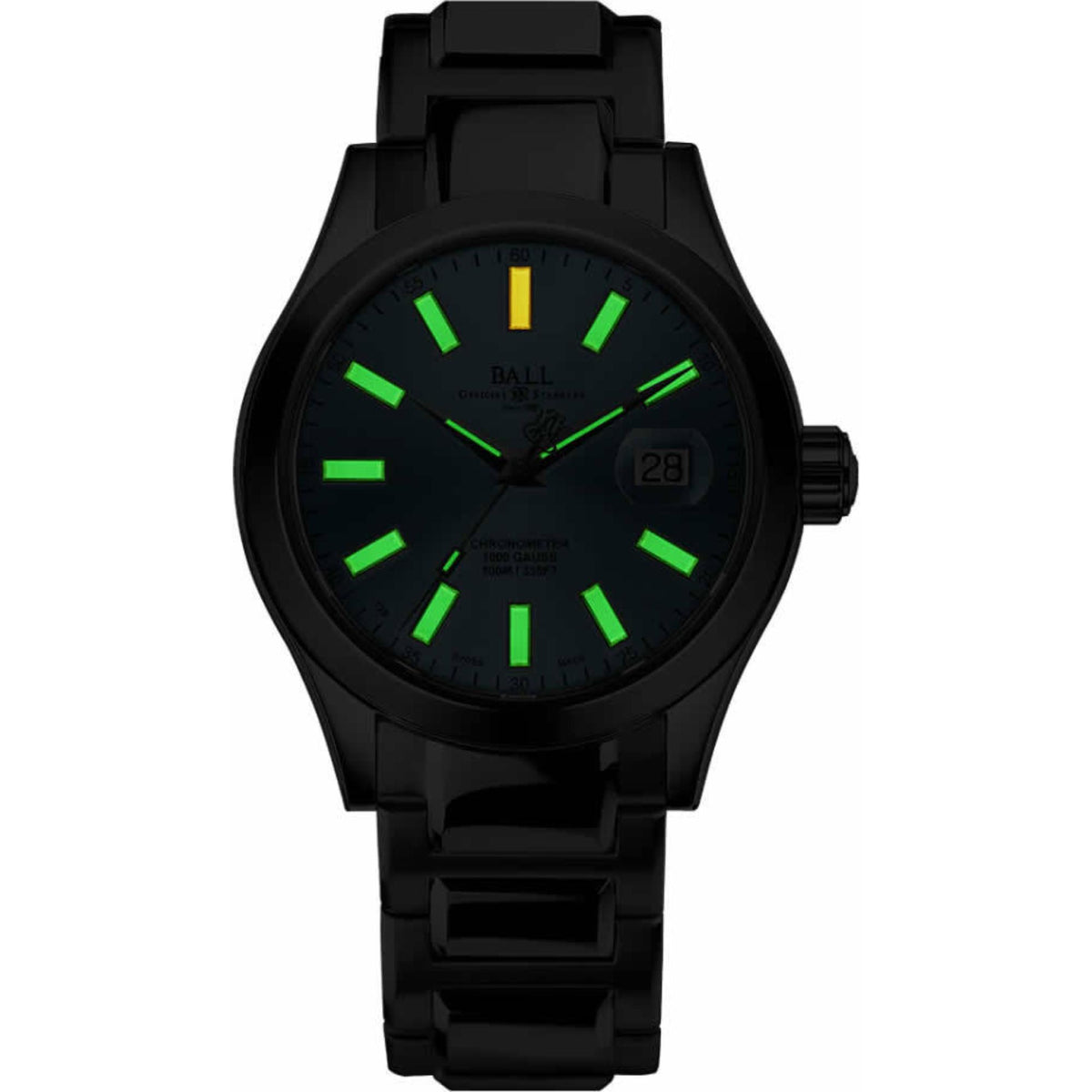 Men's black chronometer watch, dark dial with green lumed hands and date window