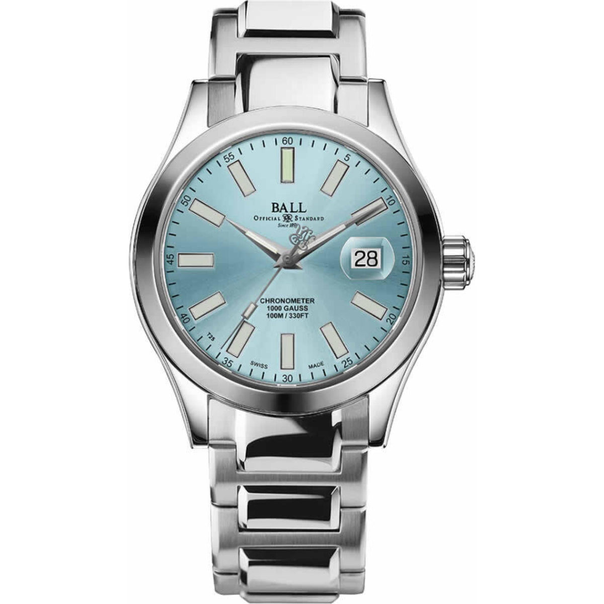 Men’s stainless steel watch with ice blue dial and date window at 28