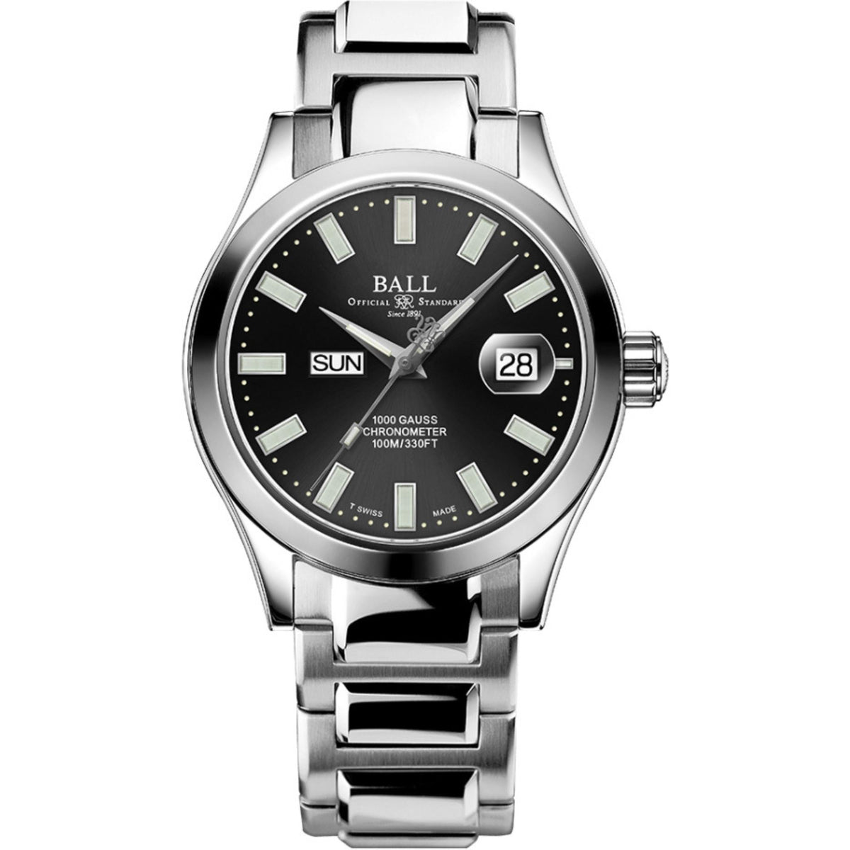 BALL Engineer III Marvelight NM9036C-S1C-BK black dial men's automatic chronometer watch with polished stainless steel bracelet and day-date display