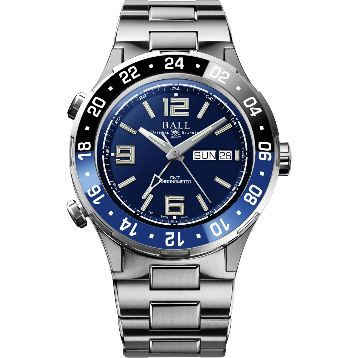Men's stainless steel watch with blue dial, bezel markers, and link bracelet