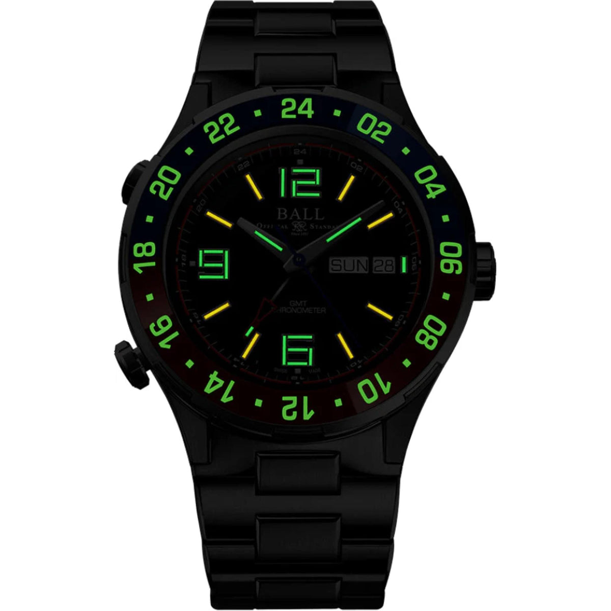 Men's black steel wristwatch with black dial and green luminous markers, dive bezel