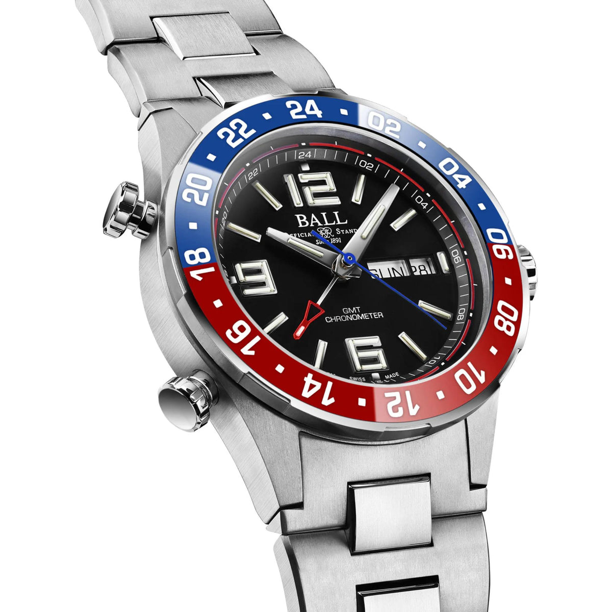Men's steel diver wristwatch with black dial, blue/red bezel, angled side view