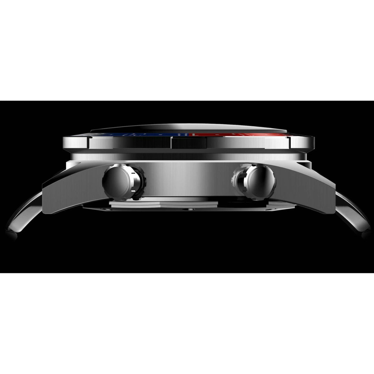 Steel wristwatch side profile with crown and bezel detail
