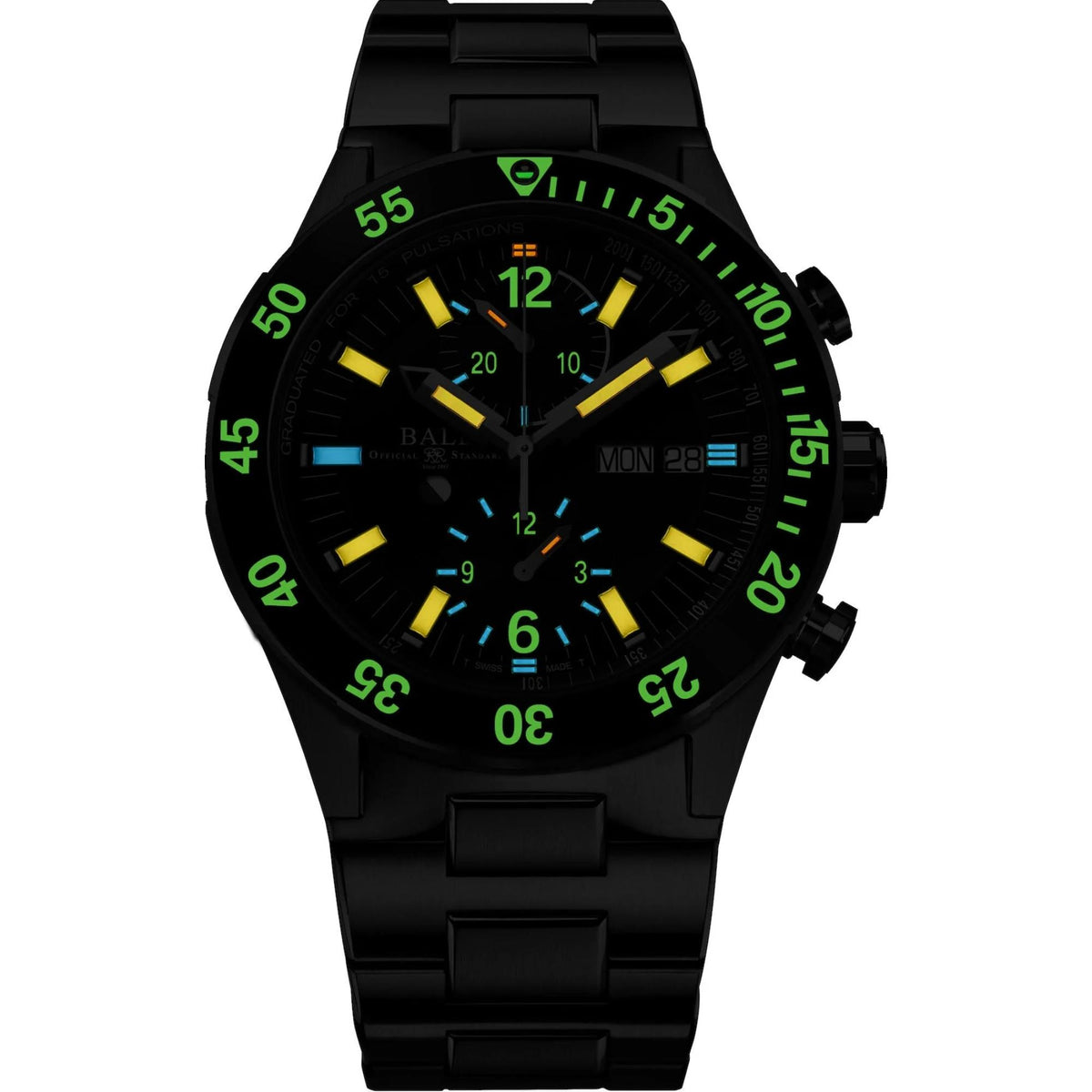 Men’s black chronograph watch with luminous green bezel markings and bright dial hour markers