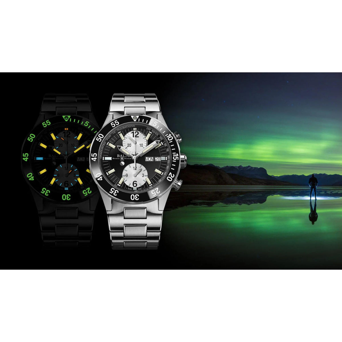 Men’s chronograph watches side-by-side, one with black dial and one with green dial accents
