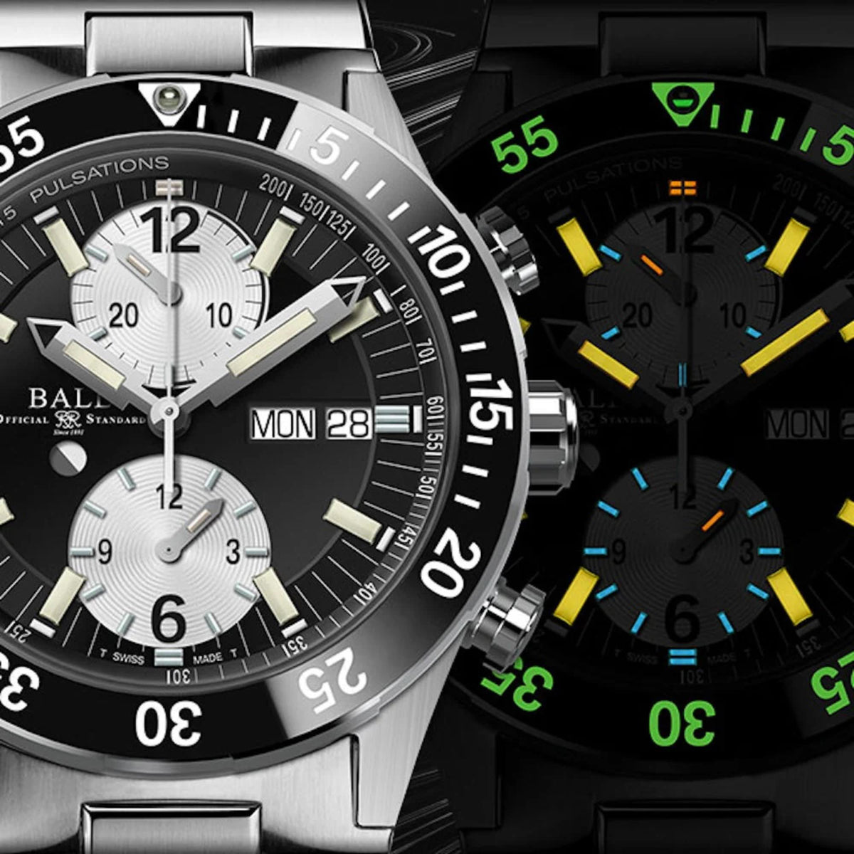 Close-up of black chronograph dial with date window reading MON 28 and silver subdials