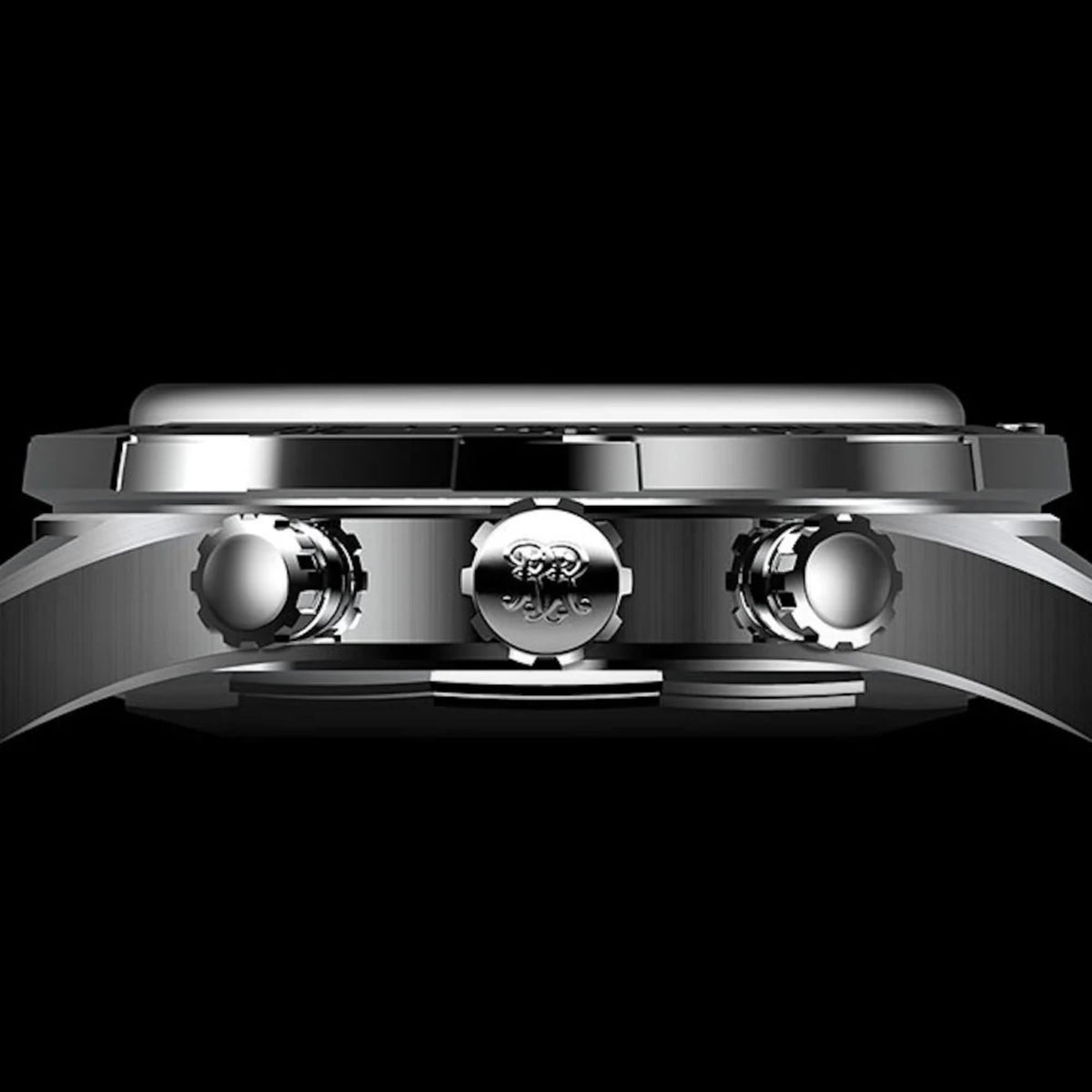 Stainless steel watch case with crown and pushers, showing detailed case hardware