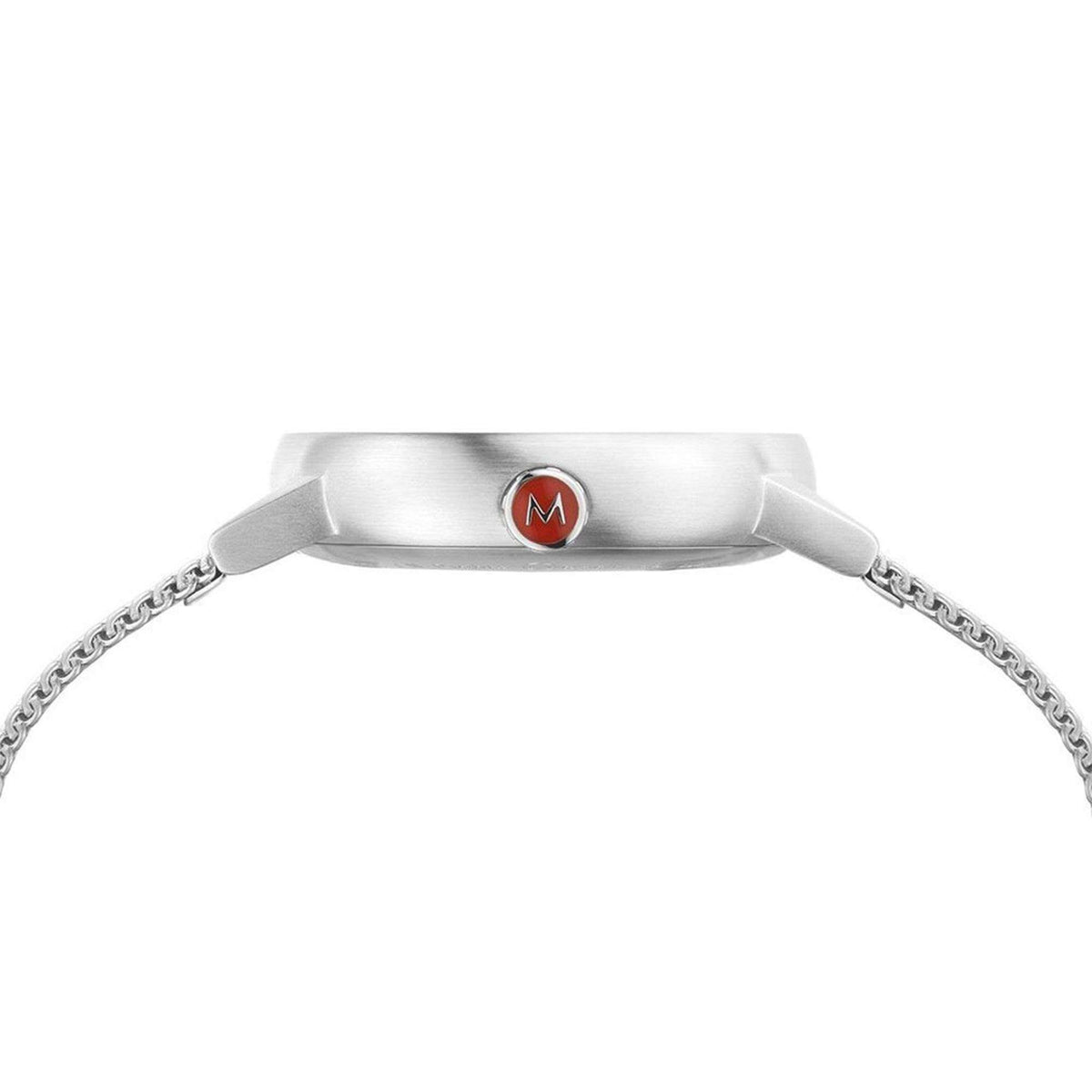 Side profile view of Mondaine Evo2 MSE.35110.SM stainless steel case highlighting the red enamel 'M' crown