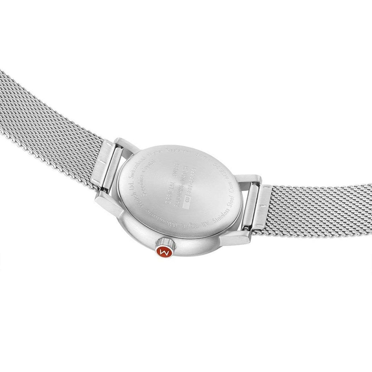 Brushed steel case back of Mondaine Evo2 MSE.35110.SM timepiece displaying the engraved official SBB Swiss Railways logo