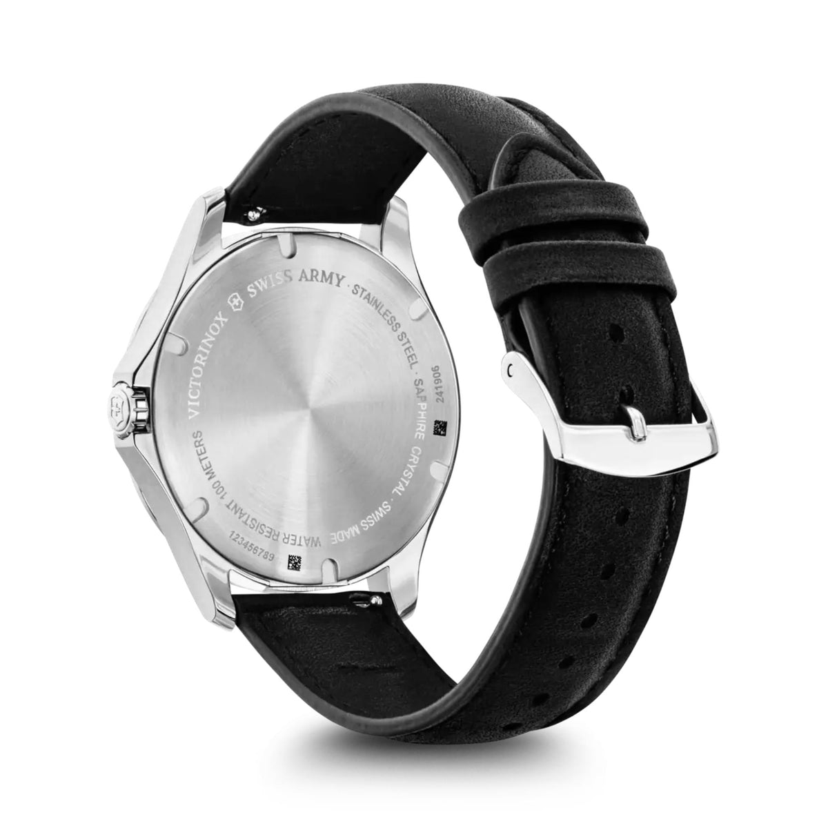 Men's quartz watch back view with engraved case and black leather strap