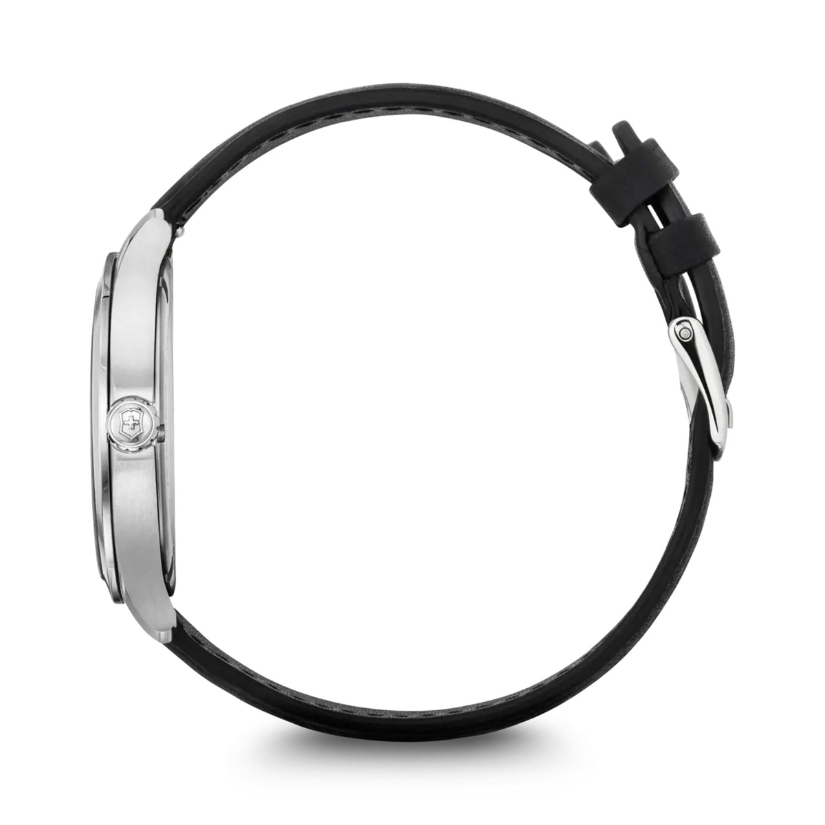 Men's quartz watch side profile with black leather strap and stainless steel case