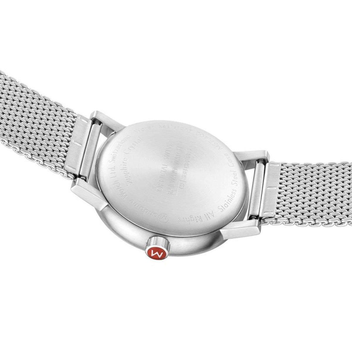 Back case view of Mondaine Evo2 MSE.40210.SM watch showing official SBB Swiss Railways engraving