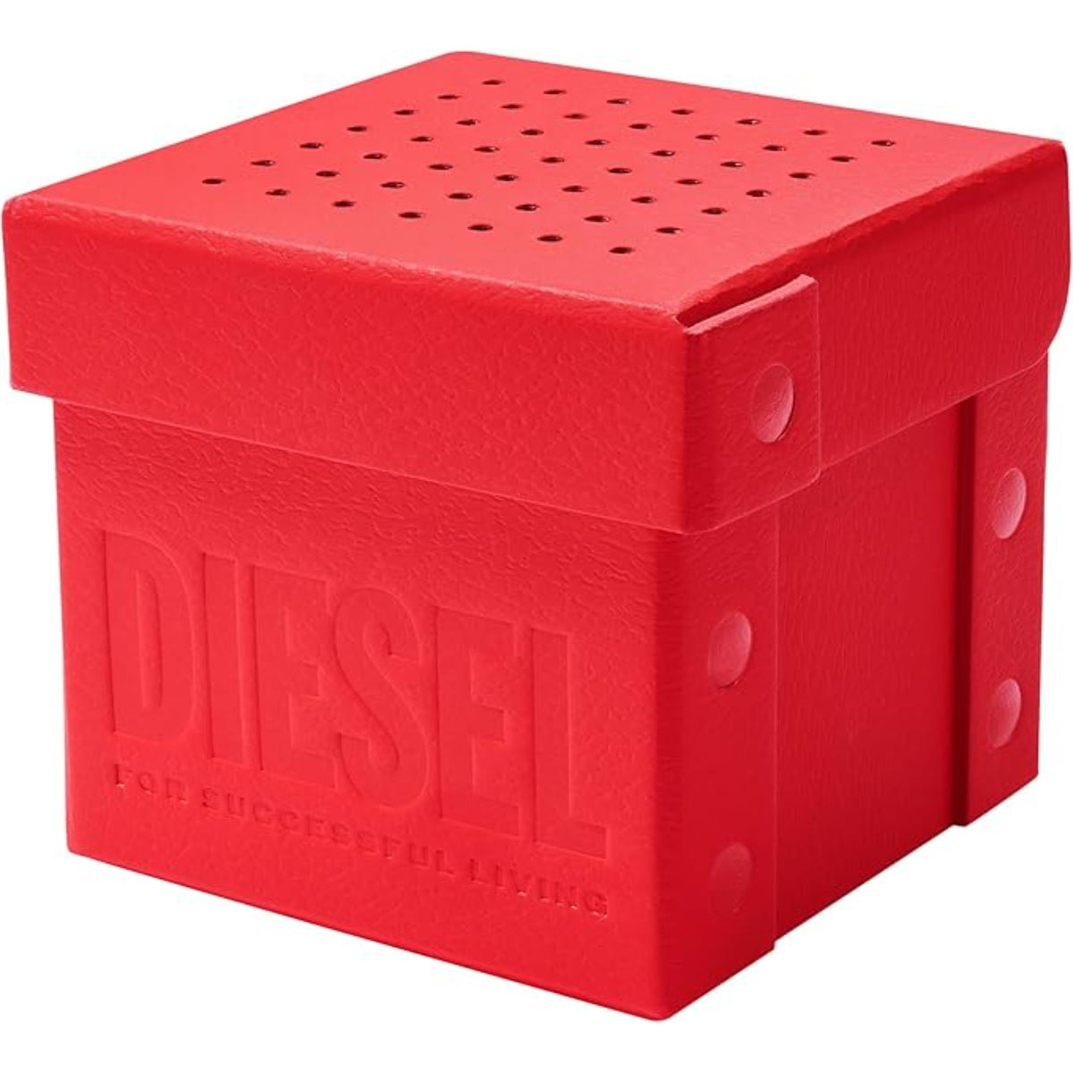 Diesel watch gift box, red textured lid with embossed logo and side tabs