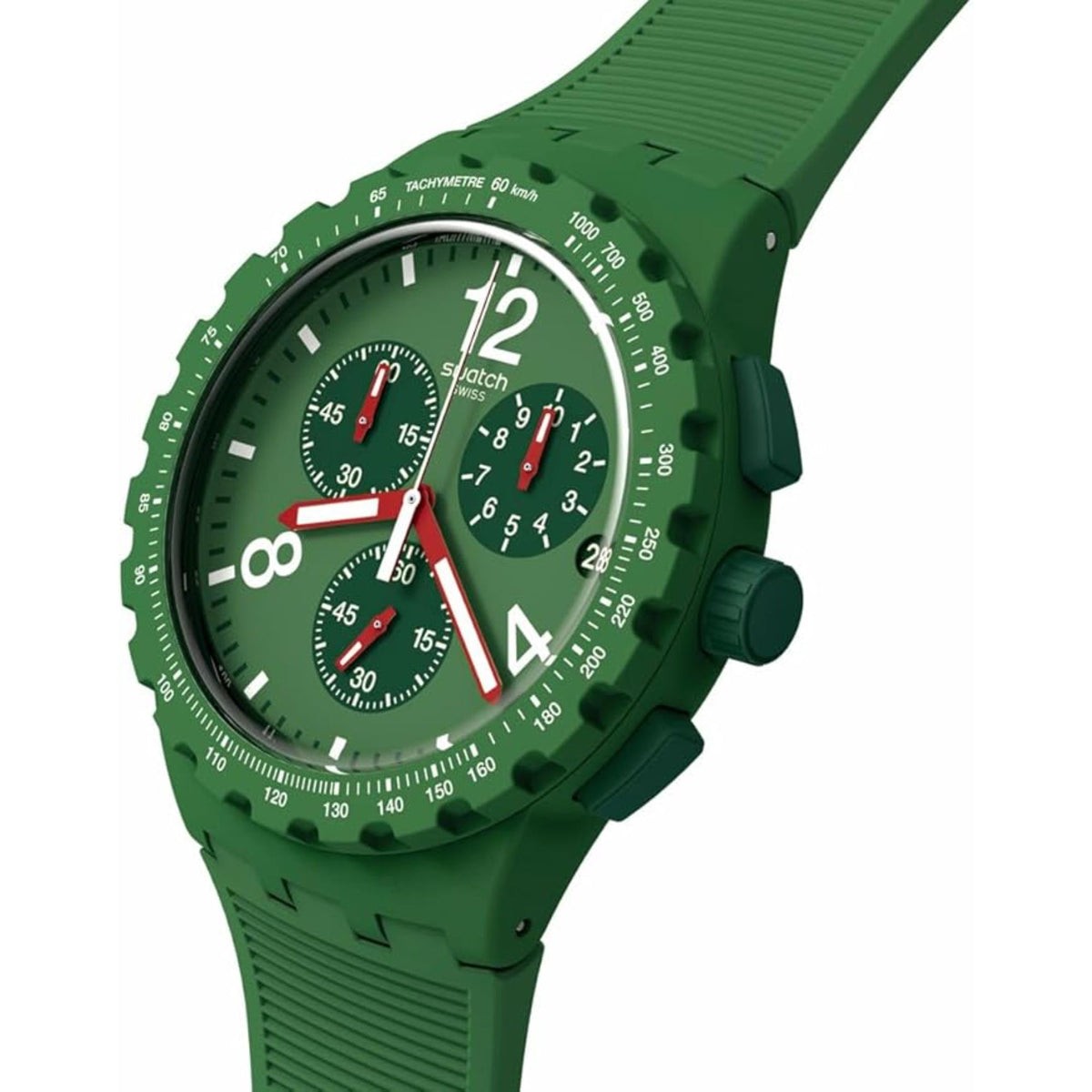 Green chronograph watch with textured bezel, pushers, and multi-dial face with red accents.