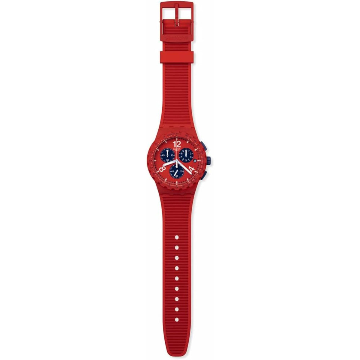 Red chronograph watch on silicone strap, with blue subdials and white hands