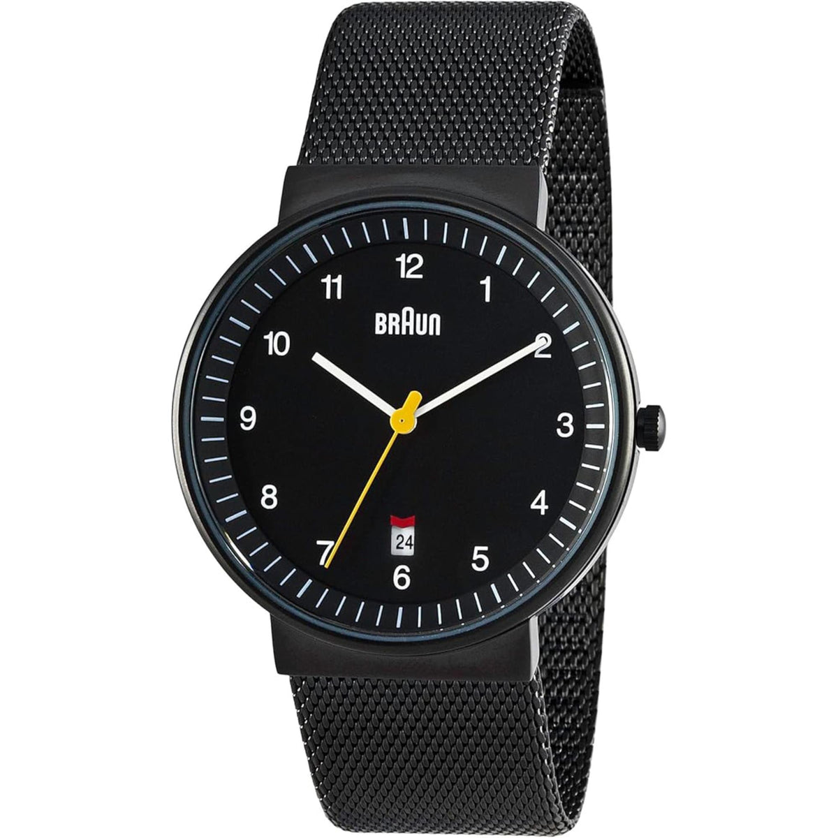 Men's Braun wristwatch with black dial and date window, black mesh strap