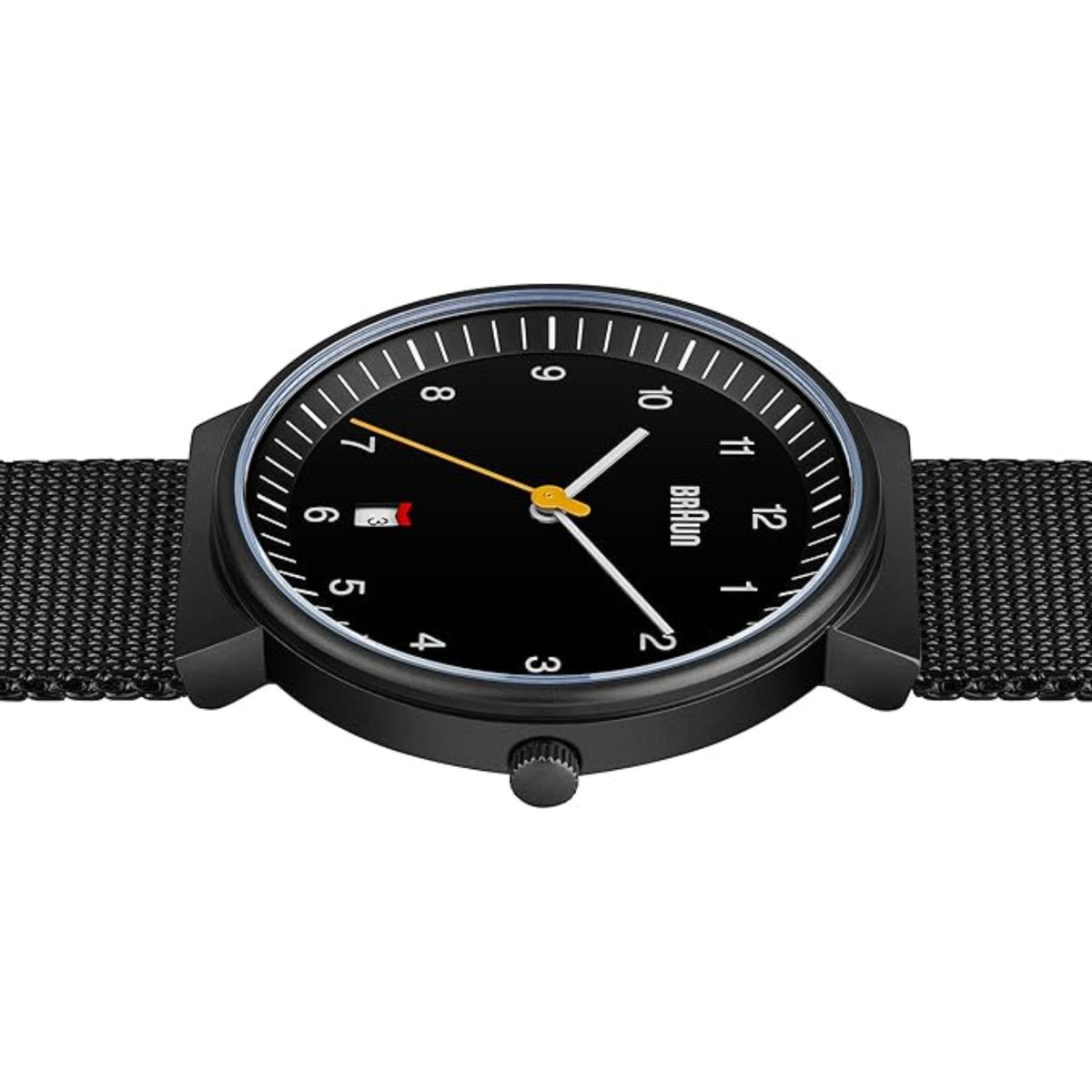 Men's Braun watch with black dial, gold markers, and day/date display on bezel